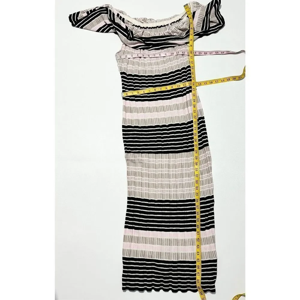 Free People Off Duty Striped‎ Off the Shoulder Midi Sweater Dress Tan Pink Large